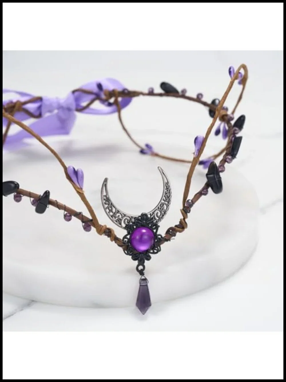 Handmade Crystal Elf Tiara with Moon and Ribbon Tie